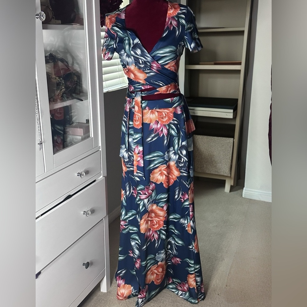 Tropical Floral Maxi Dress in Navy and Orange